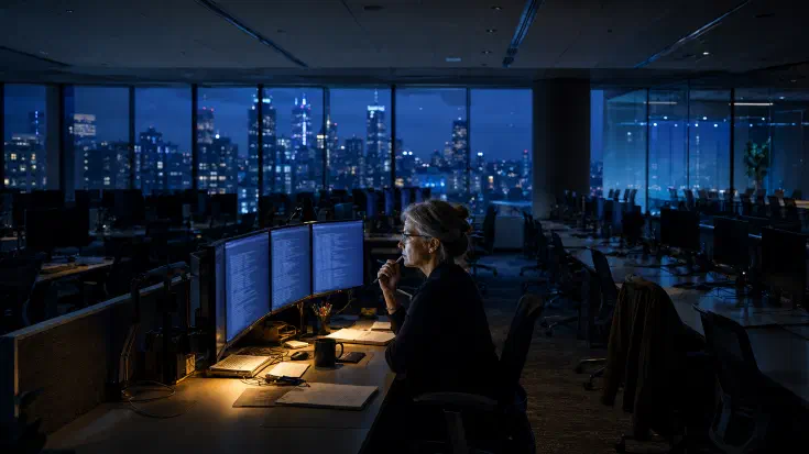 A lone senior engineer studies glowing code on three monitors in a pool of warm light while long rows of empty junior workstations recede into a darkened office at dusk, evoking the widening gap between the volume of AI-generated code needing review and the shrinking supply of people able to debug it. (Image generated by ChatGPT 5)