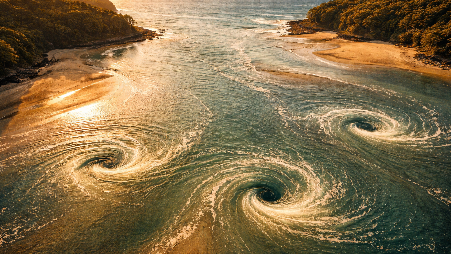 Aerial view of three large tidal whirlpools swirling in a warm golden coastal bay at sunset, surrounded by tree-lined shores and sandy beaches, representing the three self-reinforcing loops — data, talent, and process redesign — that compound the AI advantage gap over time (Image generated by ChatGPT 5.2)