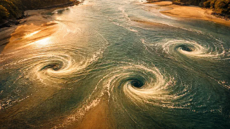Aerial view of three large tidal whirlpools swirling in a warm golden coastal bay at sunset, surrounded by tree-lined shores and sandy beaches, representing the three self-reinforcing loops — data, talent, and process redesign — that compound the AI advantage gap over time (Image generated by ChatGPT 5.2)