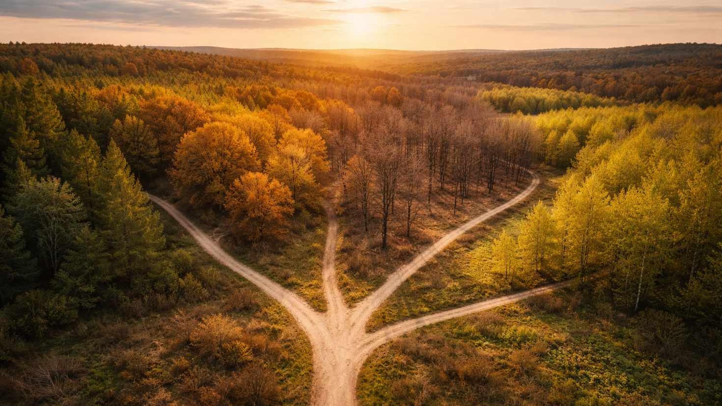 Four paths through landscapes at different stages of transformation converging into a single route, symbolising how thinking, deciding, creating, and delivering work evolve differently but remain part of the same system of work in the AI era
