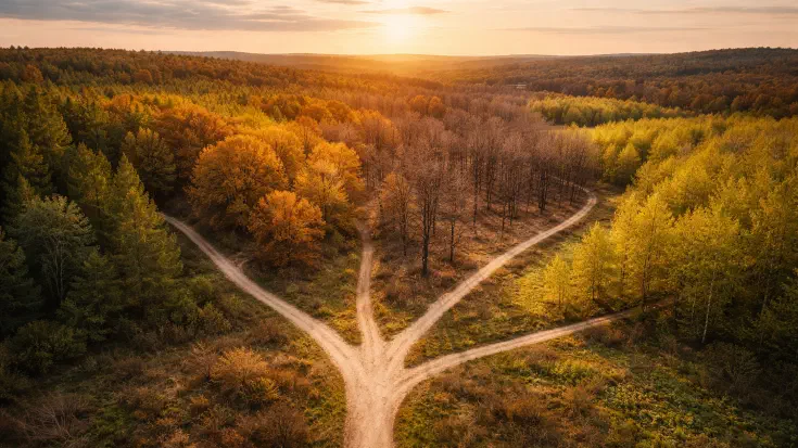 Four paths through landscapes at different stages of transformation converging into a single route, symbolising how thinking, deciding, creating, and delivering work evolve differently but remain part of the same system of work in the AI era (Image generated by ChatGPT 5.2)