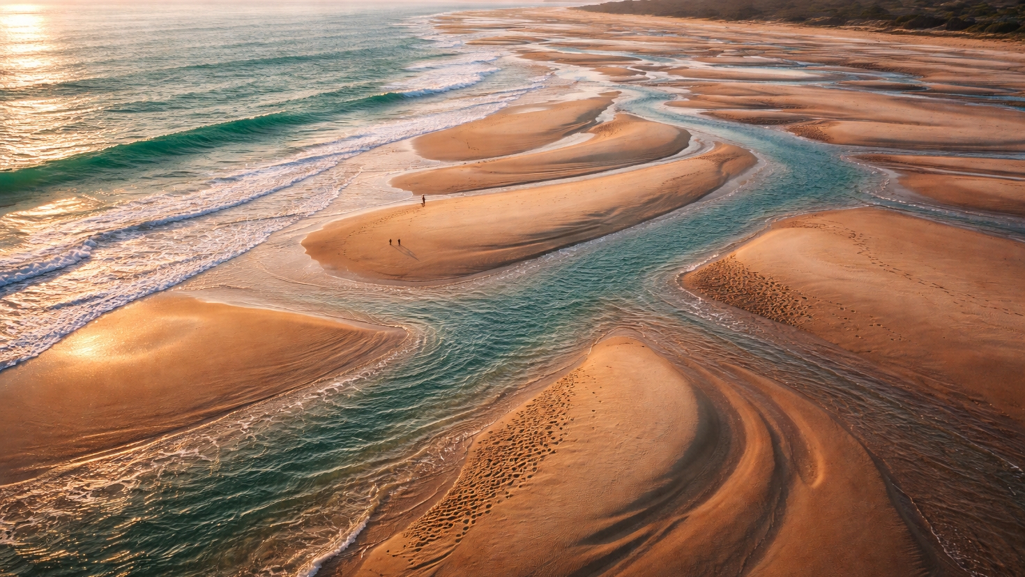 Aerial view of tidal sandbars at low tide with water channels carving new patterns through exposed sand, captured at golden hour to show shifting structure and continuous remaking of the coastline (Image generated by ChatGPT 5.2)
