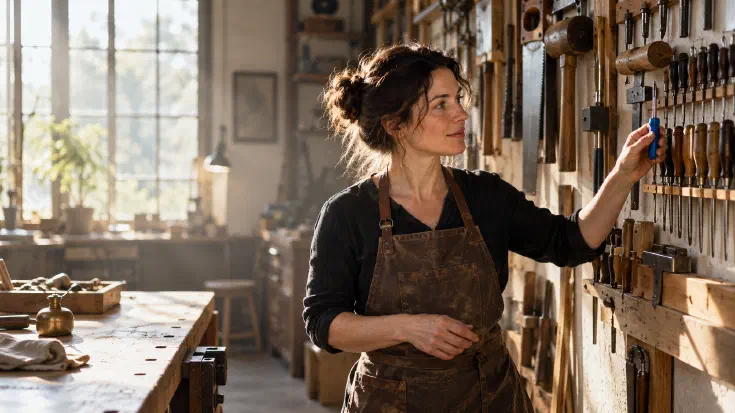 A craftswoman in a sunlit morning workshop lifts one small screwdriver with an electric blue handle from a wall of tools graded from delicate to heavy, leaving the larger tools on their hooks, embodying the Principle of Least Intelligence: the mature choice is the least capability that does the job, not the most powerful tool available. (Image generated by ChatGPT 5)