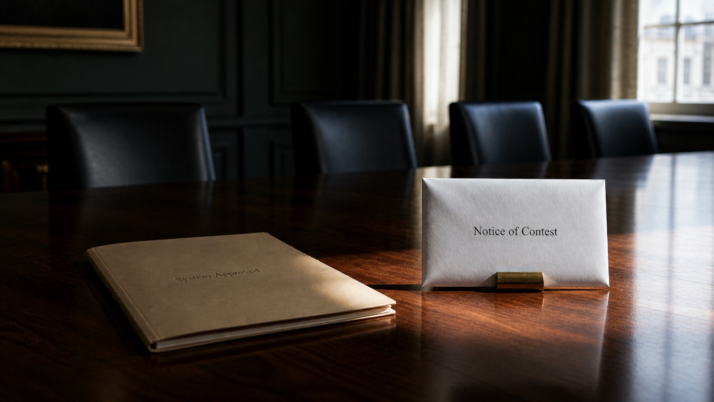 A polished walnut boardroom table photographed at eye level, with a tan folder embossed 'System Approved' resting flat on the left and a white envelope marked 'Notice of Contest' standing upright in a brass holder on the right. Empty leather chairs line the far side of the table; cold morning light falls through tall windows behind, illuminating the envelope sharply (Image generated by ChatGPT 5.4)