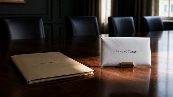 A polished walnut boardroom table photographed at eye level, with a tan folder embossed 'System Approved' resting flat on the left and a white envelope marked 'Notice of Contest' standing upright in a brass holder on the right. Empty leather chairs line the far side of the table; cold morning light falls through tall windows behind, illuminating the envelope sharply (Image generated by ChatGPT 5)