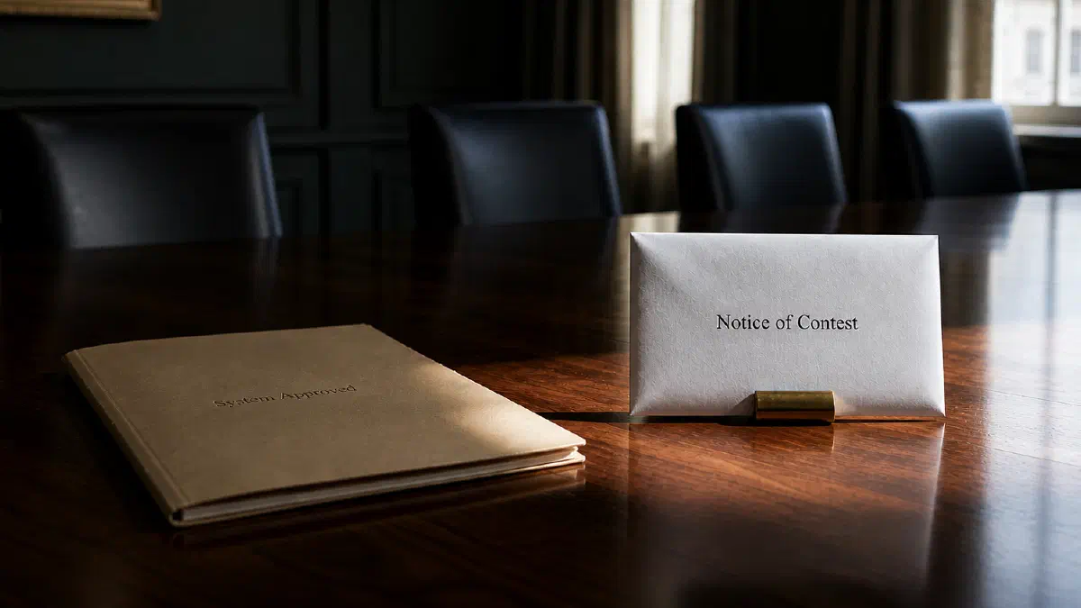 A polished walnut boardroom table photographed at eye level, with a tan folder embossed 'System Approved' resting flat on the left and a white envelope marked 'Notice of Contest' standing upright in a brass holder on the right. Empty leather chairs line the far side of the table; cold morning light falls through tall windows behind, illuminating the envelope sharply (Image generated by ChatGPT 5)