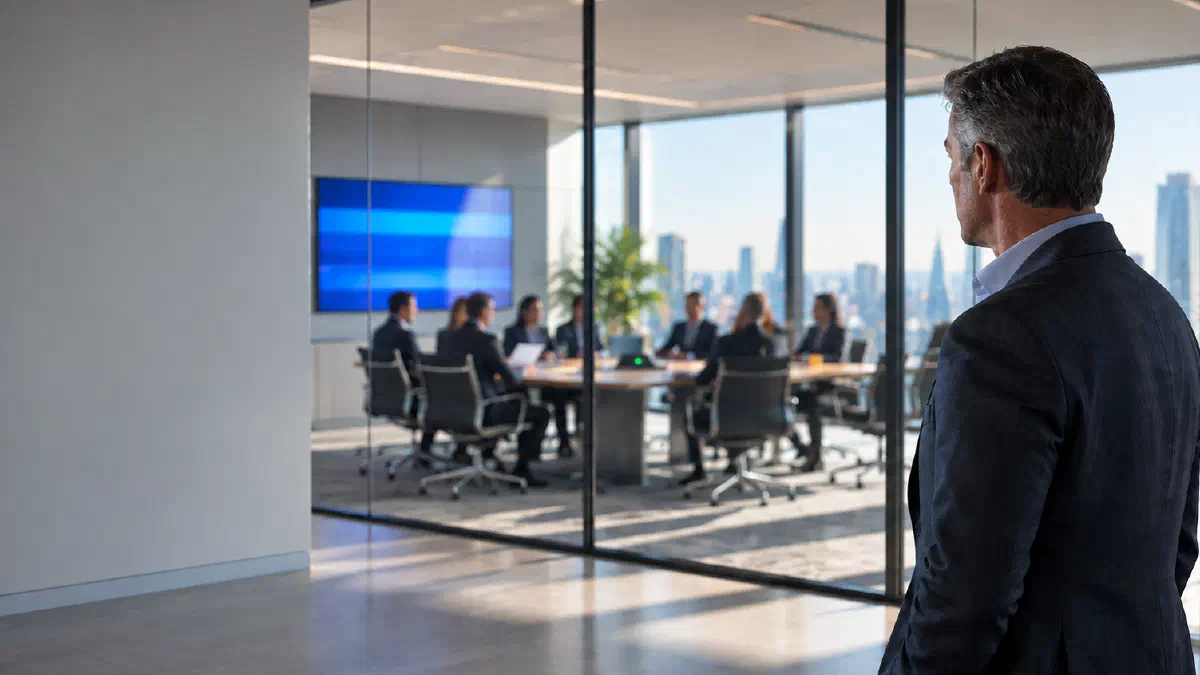 A senior director stands in a daylit corridor looking through a clear glass wall into a boardroom where a group sits around a table beneath an electric blue display, nothing hidden and nothing he can join, embodying the argument that decisions about who gets frontier capability are taken openly by suppliers and governments in rooms the customer is not party to. (Image generated by ChatGPT 5)