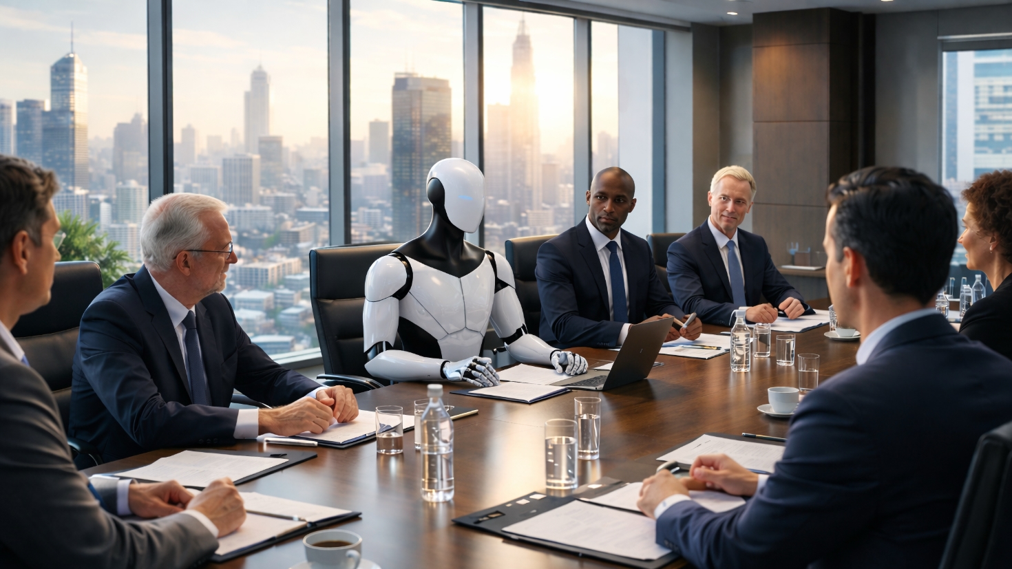 A sleek white humanoid robot sits among business executives in suits around a polished boardroom table, with documents and laptops before them and a city skyline bathed in golden sunrise light visible through floor-to-ceiling windows, symbolising AI's transition from experimental technology to strategic infrastructure with a seat at the Board table. (Image generated by ChatGPT 5.2)