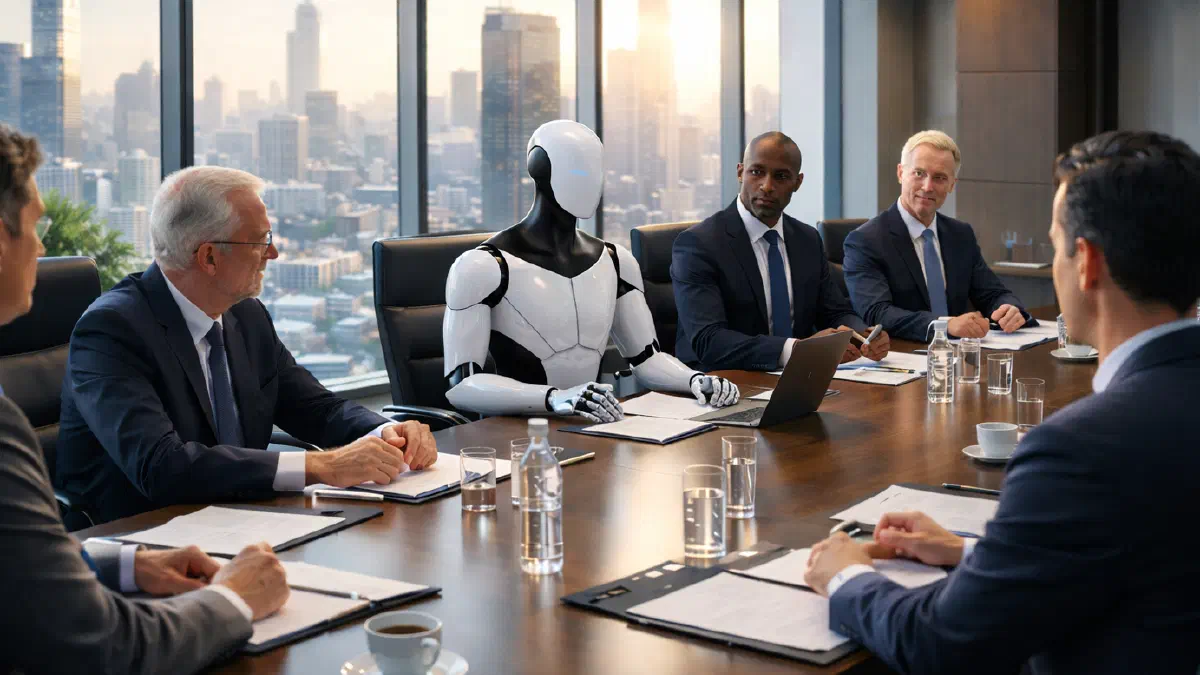 A sleek white humanoid robot sits among business executives in suits around a polished boardroom table, with documents and laptops before them and a city skyline bathed in golden sunrise light visible through floor-to-ceiling windows, symbolising AI's transition from experimental technology to strategic infrastructure with a seat at the Board table. (Image generated by ChatGPT 5.2)