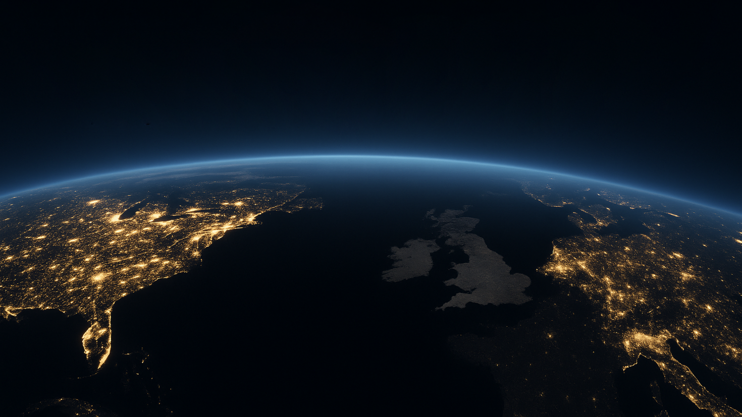 Nighttime satellite view of Earth from space showing the global distribution of electrical power and AI infrastructure: bright clusters of light illuminate major cities across the United States and China, representing massive data centres and energy abundance, while the United Kingdom appears notably dim with sparse illumination, symbolising the country's energy constraints and potential exclusion from the AI-driven economy as other nations surge ahead with trillion-dollar computing clusters powered by vast electrical grids (Image generated by ChatGPT 4o).