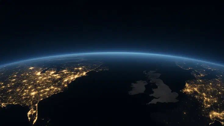 Nighttime satellite view of Earth from space showing the global distribution of electrical power and AI infrastructure: bright clusters of light illuminate major cities across the United States and China, representing massive data centres and energy abundance, while the United Kingdom appears notably dim with sparse illumination, symbolising the country's energy constraints and potential exclusion from the AI-driven economy as other nations surge ahead with trillion-dollar computing clusters powered by vast electrical grids (Image generated by ChatGPT 4o).