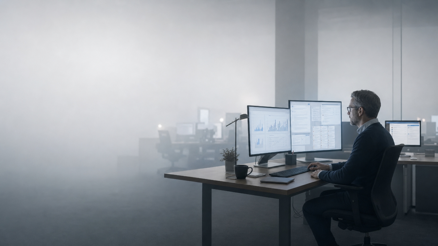 A modern open-plan office swallowed by dense fog, where a lone figure sits upright at a desk in the right of the frame, still working, his screens of charts and messages crisp at arm's length while the desks, monitors, and lamps of colleagues dissolve into white haze behind him, a visual rendering of the mental fog the research describes, where the person supervising the machine's output keeps working as clarity recedes, and the cost no business case recorded is paid in human attention (Image generated by ChatGPT 5.6)