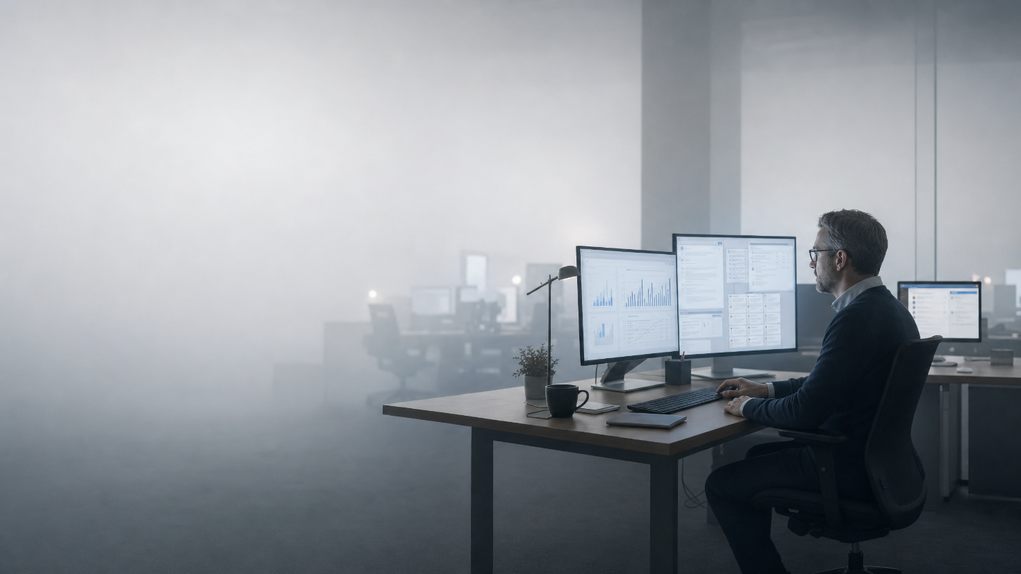 A modern open-plan office swallowed by dense fog, where a lone figure sits upright at a desk still working, his screens crisp at arm's length while colleagues' desks dissolve into white haze behind him