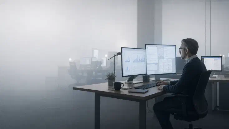 A modern open-plan office swallowed by dense fog, where a lone figure sits upright at a desk in the right of the frame, still working, his screens of charts and messages crisp at arm's length while the desks, monitors, and lamps of colleagues dissolve into white haze behind him, a visual rendering of the mental fog the research describes, where the person supervising the machine's output keeps working as clarity recedes, and the cost no business case recorded is paid in human attention (Image generated by ChatGPT 5.6)
