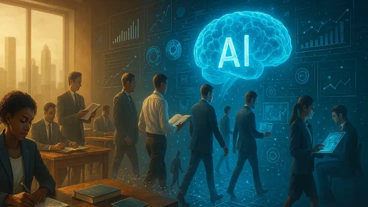 A conceptual digital illustration showing a workforce transitioning from traditional learning to AI-driven training — with one side depicting analog tools and classroom settings, and the other featuring holographic interfaces and futuristic technology. (Image generated by AI)