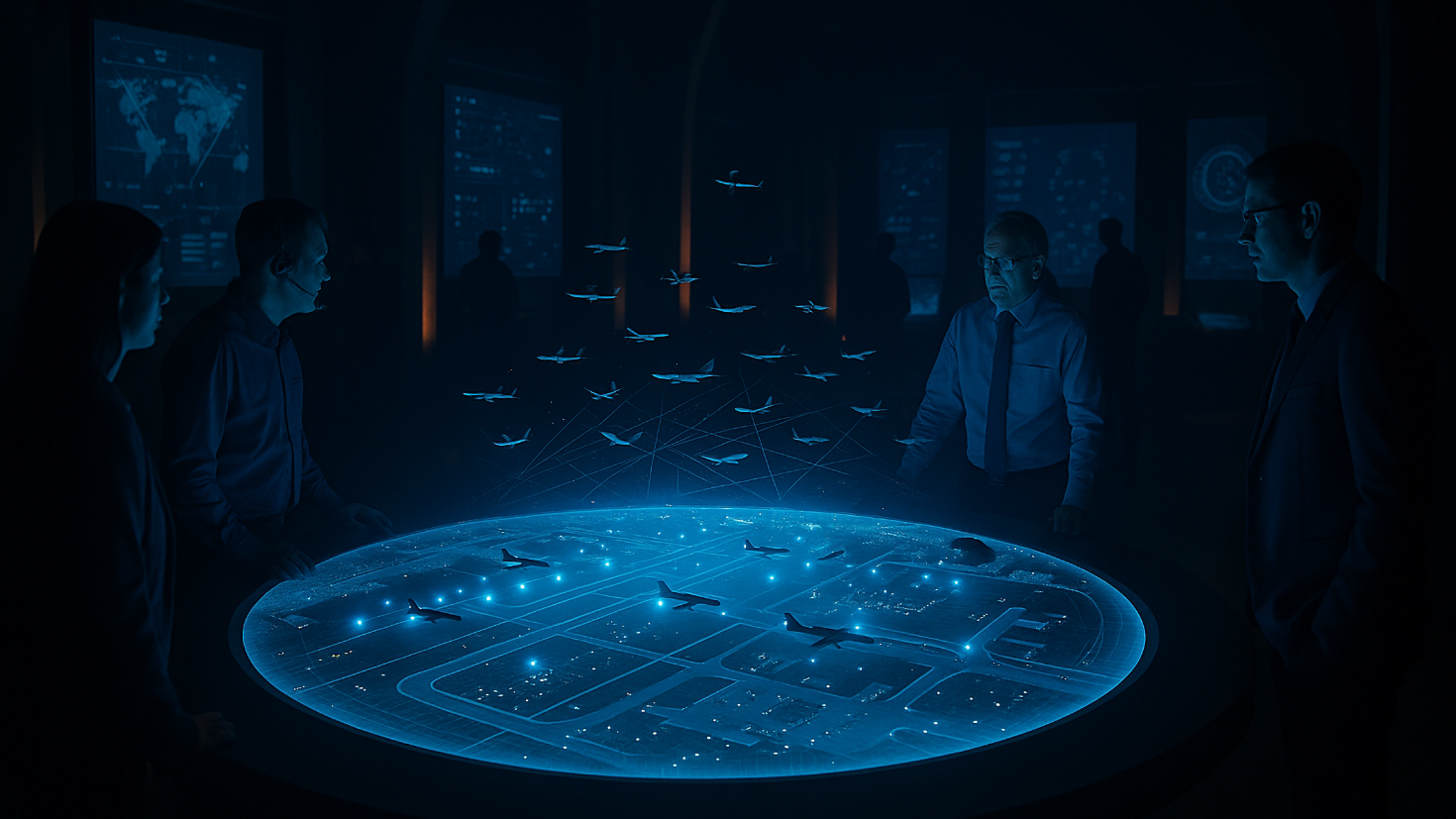 Executives in a strategic command centre viewing holographic simulations of global operations with aircraft above a digital world map, representing predictive AI transforming reactive management into anticipatory strategy (Image generated by ChatGPT 5)