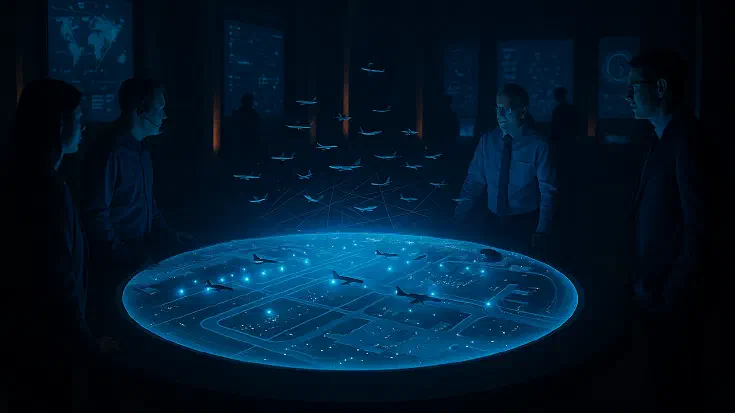 Executives in a strategic command centre viewing holographic simulations of global operations with aircraft above a digital world map, representing predictive AI transforming reactive management into anticipatory strategy (Image generated by ChatGPT 5)