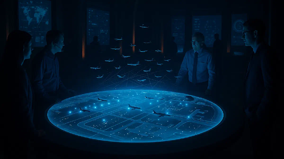 Executives in a strategic command centre viewing holographic simulations of global operations with aircraft above a digital world map, representing predictive AI transforming reactive management into anticipatory strategy (Image generated by ChatGPT 5)