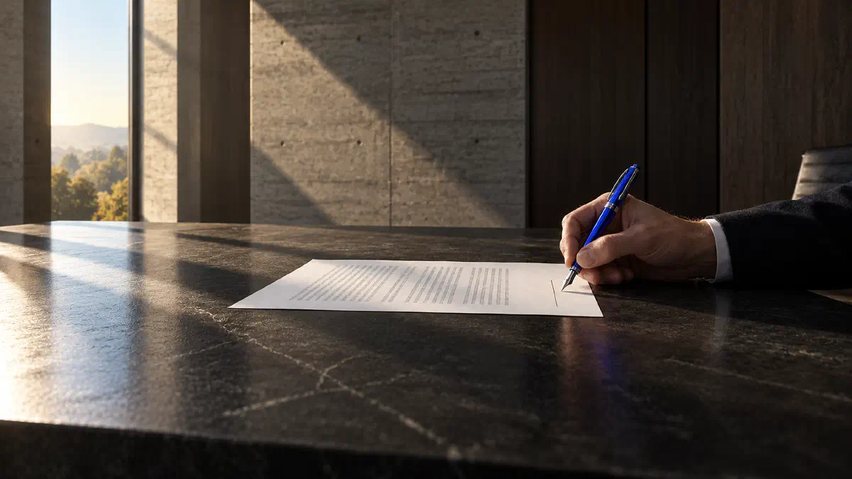 A hand holds an electric-blue fountain pen above the empty signature line of a printed decision on a black stone desk in a concrete office, the one act an AI system cannot perform for the person who answers for it. (Image generated by ChatGPT 5)