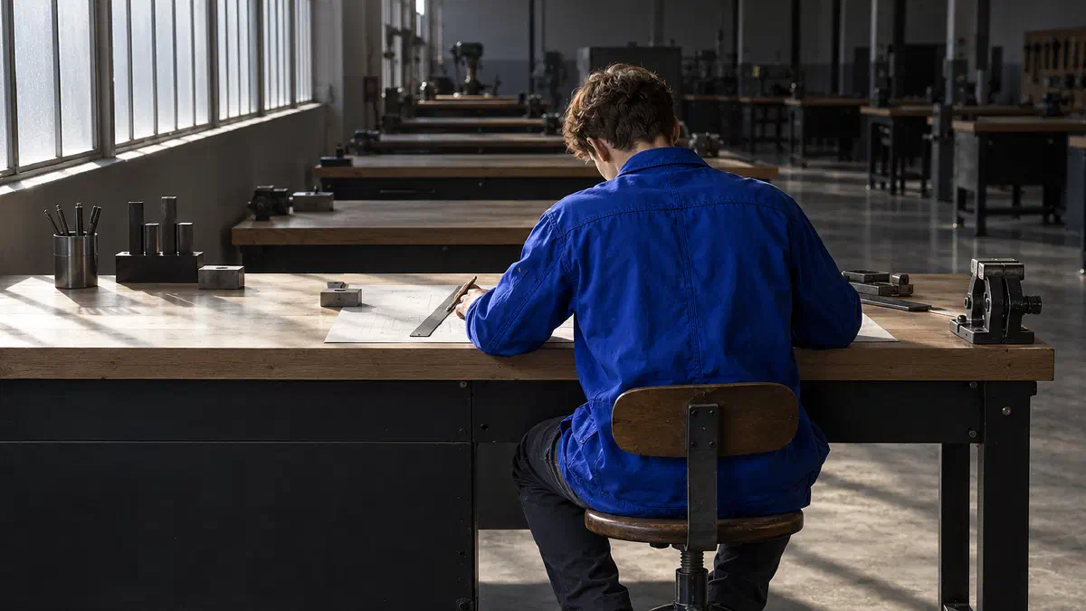 An apprentice in an electric-blue work jacket, seen from behind, works a problem through by hand with a steel rule at an oak bench in a long training workshop, capability being built rather than credentials collected. (Image generated by ChatGPT 5)