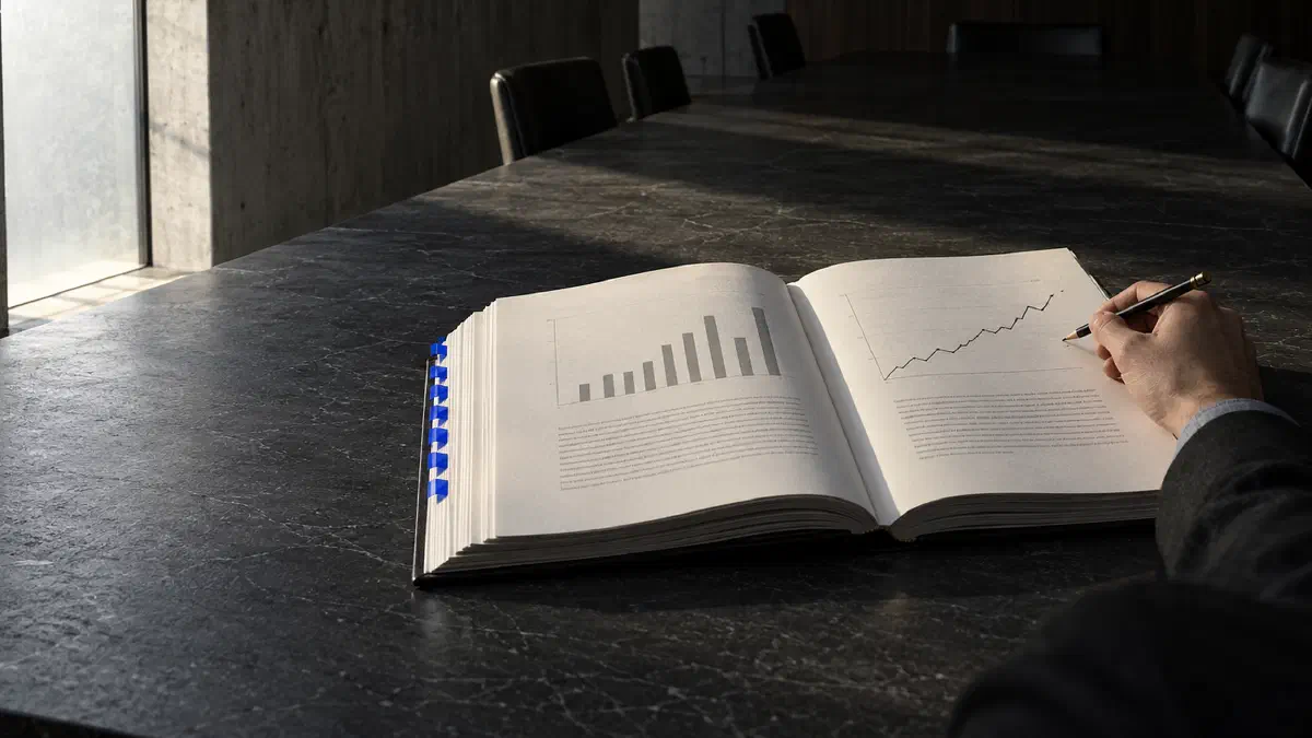 A bound investment proposal lies open on a black stone boardroom table, its pages carrying a bar chart and a rising line graph and its edge tabbed in electric blue, as a hand works through it with a pencil: a case that survives contact with the Board is one that has been challenged. (Image generated by ChatGPT 5)