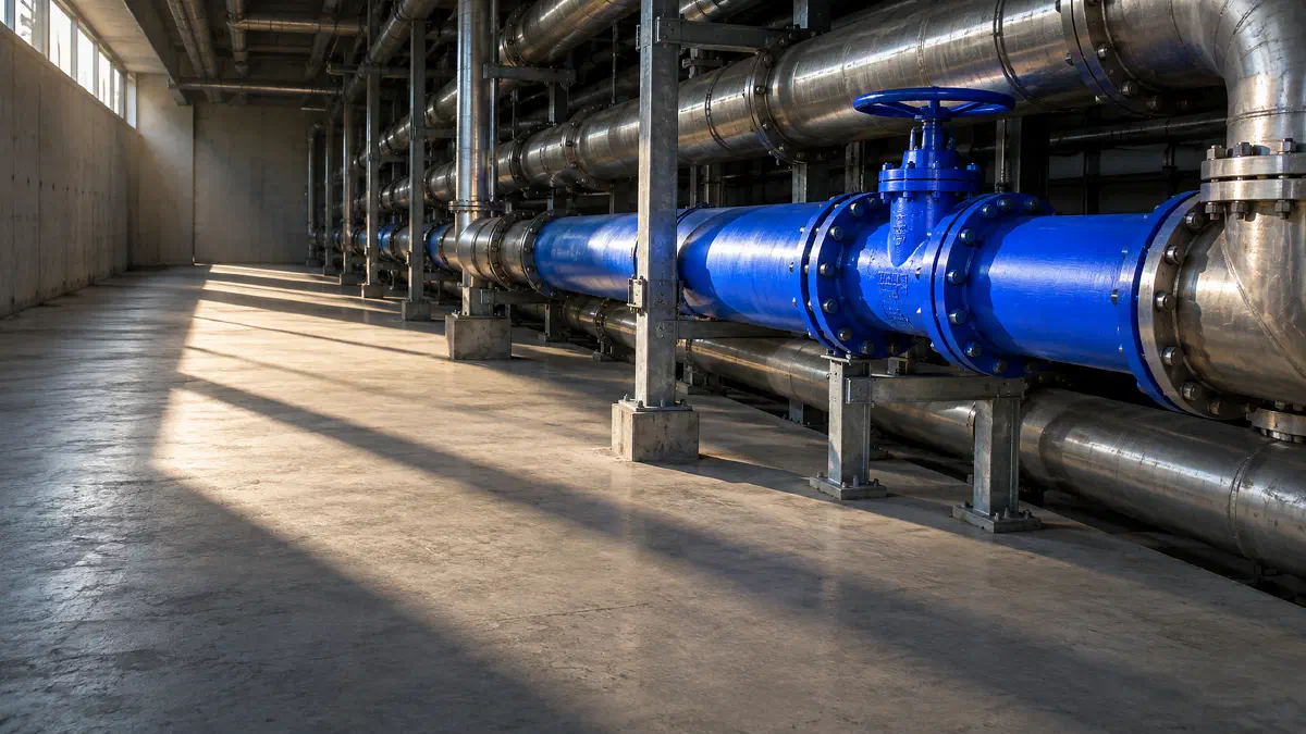 One electric-blue pipe run with a handwheel valve among tiers of steel chilled-water pipes in the plant room beneath a data hall, lit by low sun from high windows: the plumbing an AI strategy is standing on. (Image generated by ChatGPT 5)
