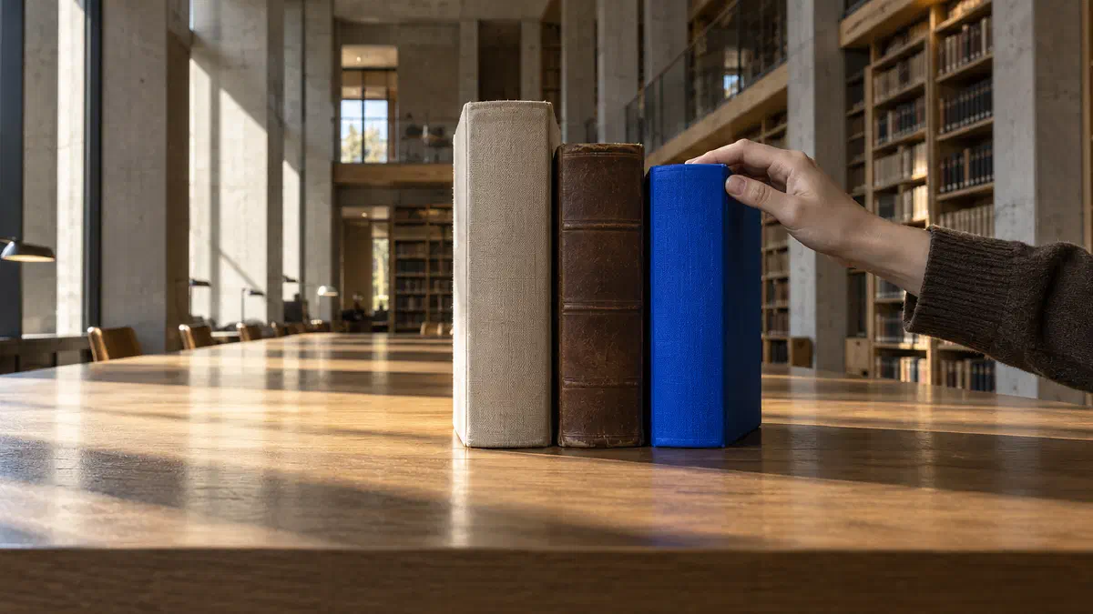 Three statute volumes of different sizes and bindings, one in electric-blue cloth, stand together on a long oak reading table in a concrete-and-oak law library, a hand resting on the nearest: three regimes, not three versions of one rulebook. (Image generated by ChatGPT 5)