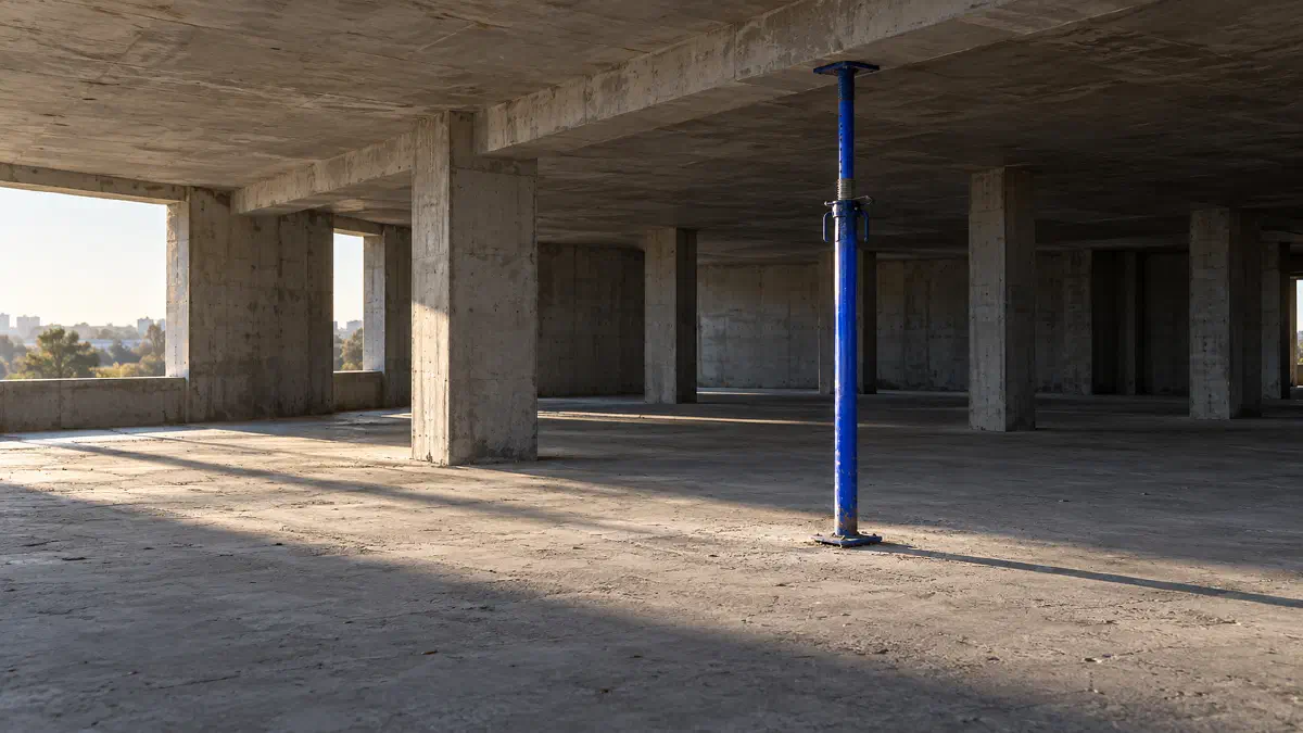 A single electric-blue steel prop stands alone under a heavy concrete beam on an empty, unfinished floor lit by low sun, the dependence a Board has not yet priced. (Image generated by ChatGPT 5)