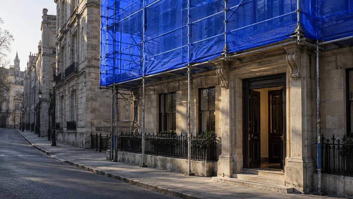 A stone office building wrapped in electric-blue scaffold netting on its upper floors while its ground floor stays open, the door ajar and the lights on: an organisation transformed floor by floor while it keeps working. (Image generated by ChatGPT 5)