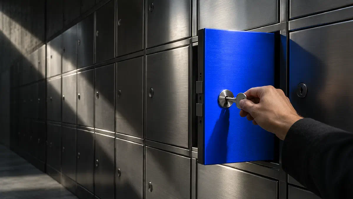 One electric-blue door stands ajar in a concrete vault's wall of brushed-steel deposit boxes, a hand turning the key, the asset every AI system runs on and the balance sheet never shows. (Image generated by ChatGPT 5)