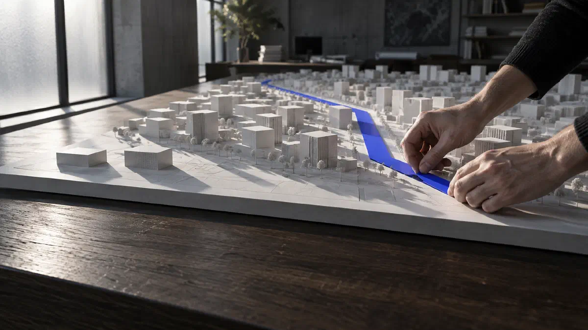 Hands press the last segment of one electric-blue route across a white model of a whole district on a dark oak table: work remade at the scale of a city, not a department. (Image generated by ChatGPT 5)