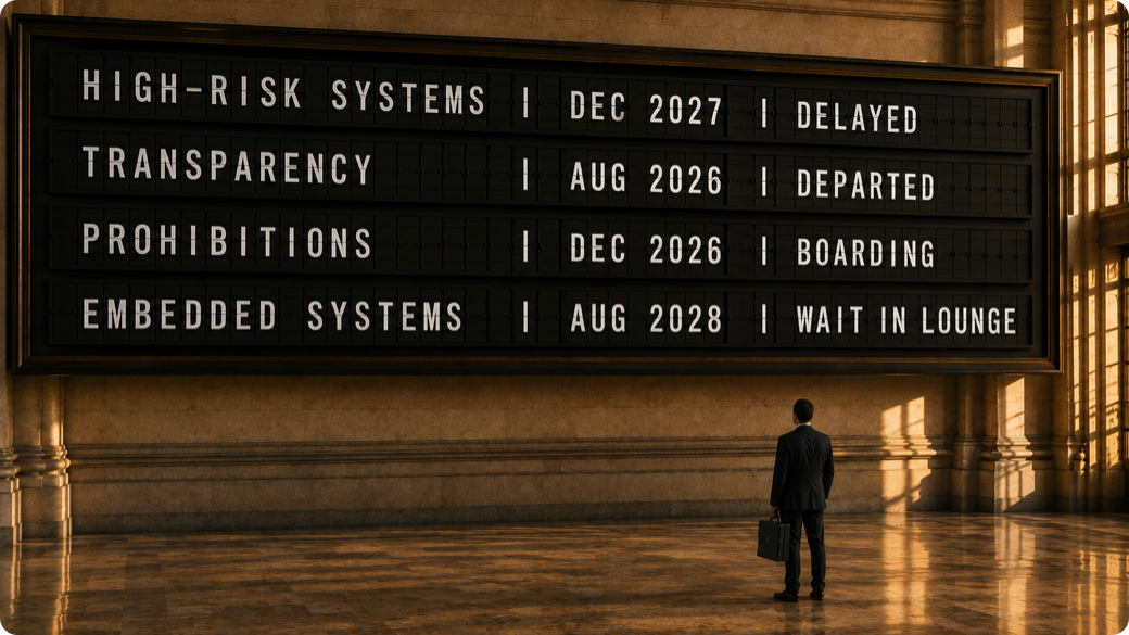 A vast split-flap departures board mounted on the marble wall of a grand institutional concourse, its four rows announcing the EU AI Act's provisions as though they were flights: high-risk systems delayed to December 2027, transparency departed on schedule in August 2026, prohibitions boarding for December 2026, and embedded systems told to wait in the lounge until August 2028, while a lone director in a dark suit stands small beneath the board with a briefcase, reading a timetable that has just changed around him, a visual rendering of the article's argument that the deferral moved some departures and not others, and that the traveller's obligations did not move at all