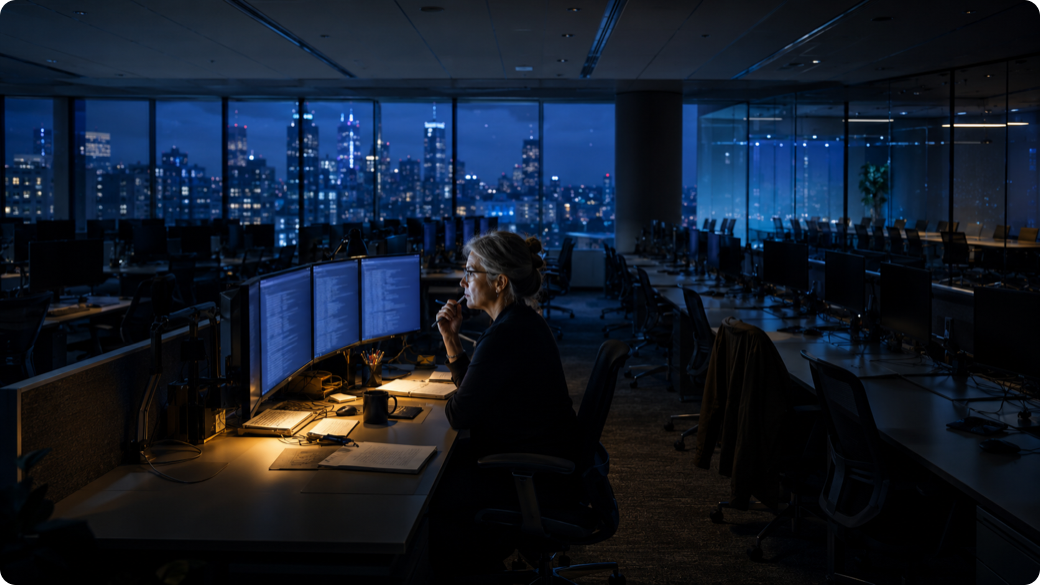 A lone senior engineer studies glowing code on three monitors in a pool of warm light while long rows of empty junior workstations recede into a darkened office at dusk, evoking the widening gap between the volume of AI-generated code needing review and the shrinking supply of people able to debug it.