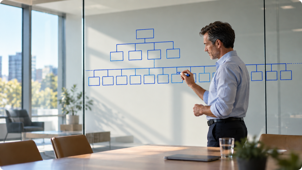 A manager drawing an organisation chart in electric blue marker on the glass wall of a daylit meeting room, a neat row of boxes for the team sitting above a second, longer row of lines running to boxes that no longer fit on the glass, embodying the argument that the manager's span now includes agents nobody counted, and that the AI business case becomes real or fails in that one job.