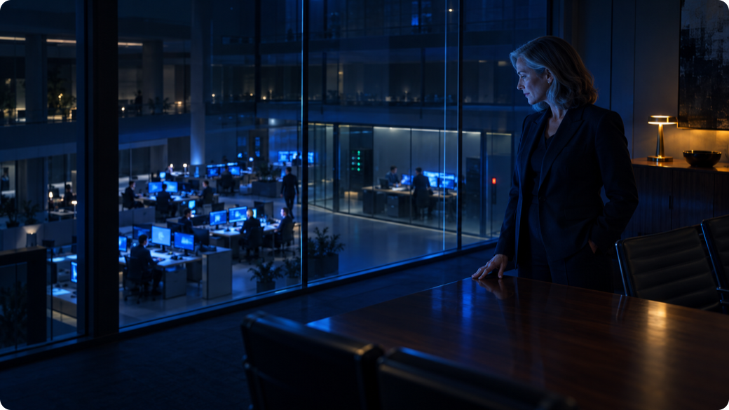 A senior executive stands in a darkened boardroom looking down through internal glass at an engineering floor lit electric blue, where a smaller glass-walled secure workspace sits apart from the open desks, embodying the Board decision about which work goes to a frontier model and which stays at home.