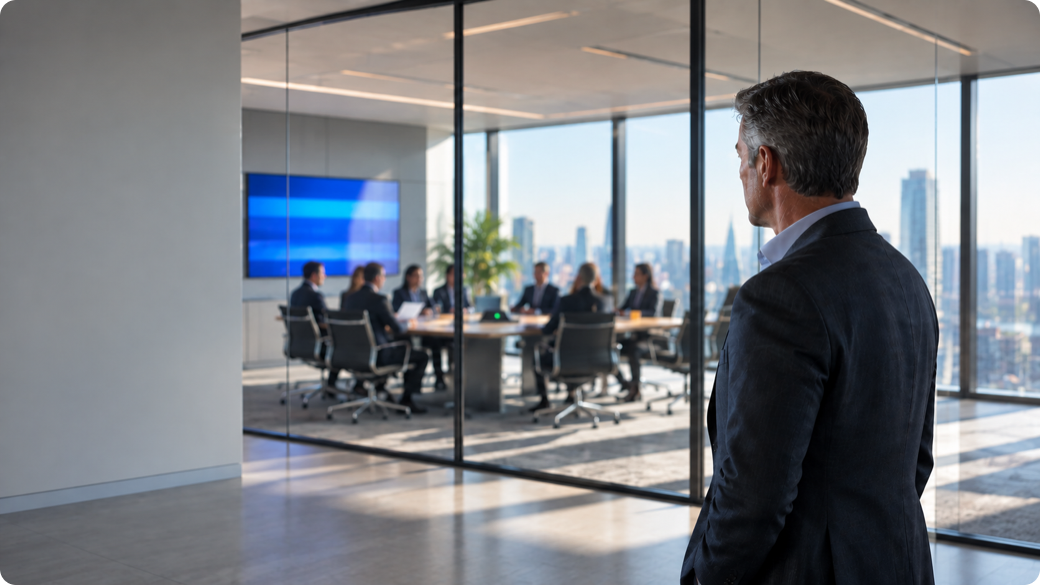 A senior director stands in a daylit corridor looking through a clear glass wall into a boardroom where a group sits around a table beneath an electric blue display, nothing hidden and nothing he can join, embodying the argument that decisions about who gets frontier capability are taken openly by suppliers and governments in rooms the customer is not party to.