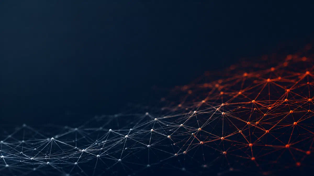 A fine three-dimensional mesh of glowing nodes and threads rising out of darkness, silver-white strands on the left kindling into vermillion on the right, a visual expression of a signal: scattered points connecting into a pattern that grows unmistakable before the full picture arrives